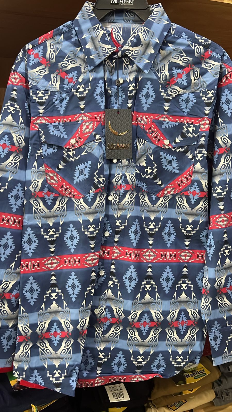 CAMISA MC ALLEN AZUL ESTAMPADO GRIS Y ROJO