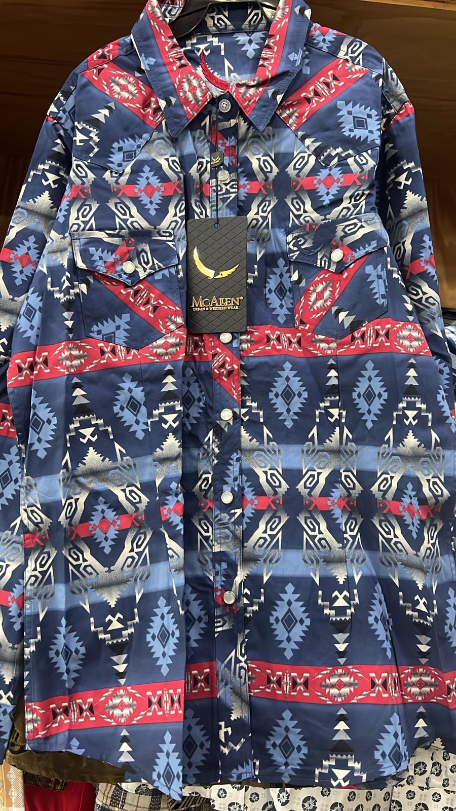 CAMISA MC ALLEN MUJER AZUL ESTAMPADO GRIS CON ROJO